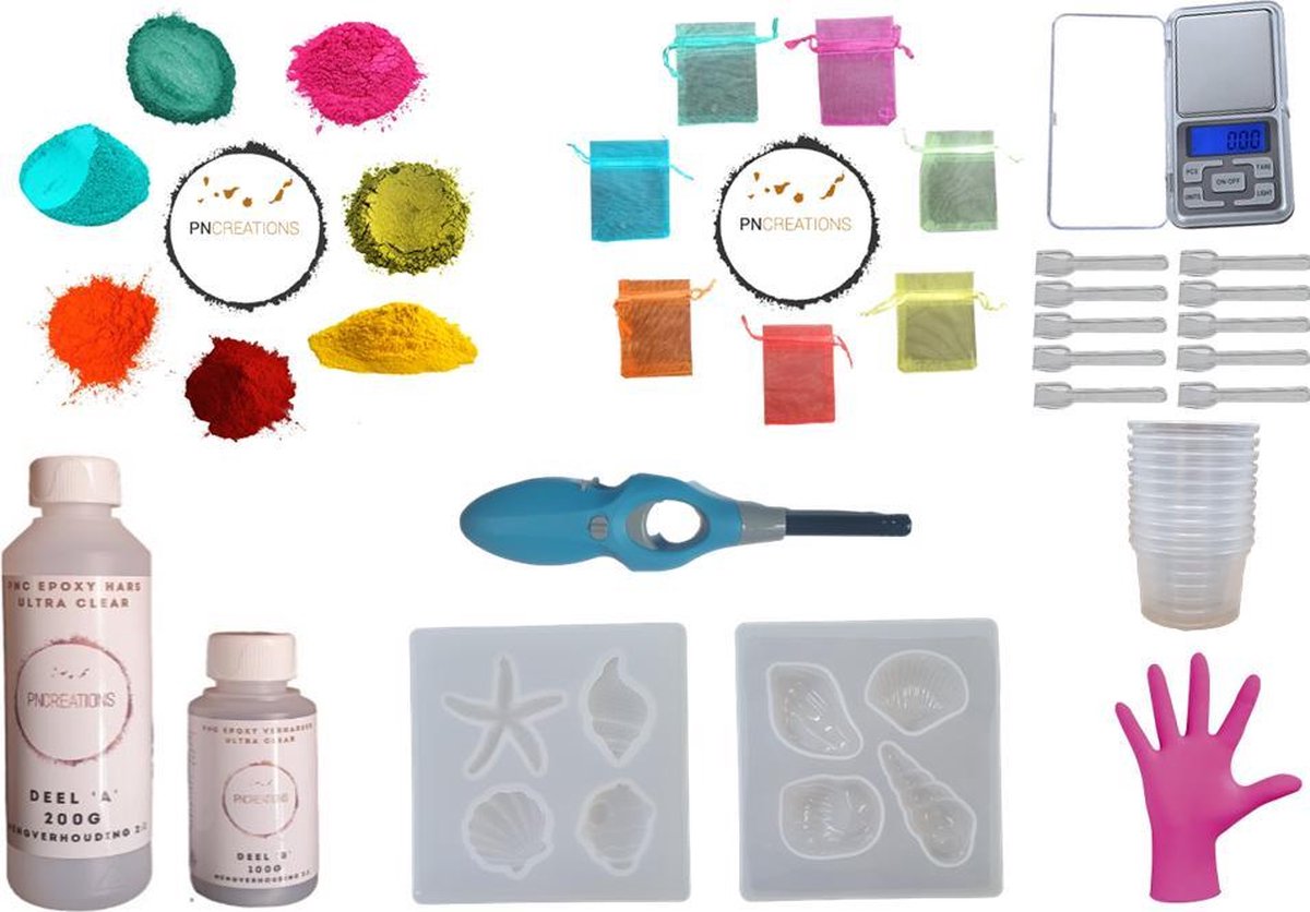 PNCreations Super Clear Epoxy Zomerset | 300 Gram PNC Super Clear Epoxyhars | 2x 4-Delige Schelp Siliconen Mal | 7 Kleurpigmenten Hot Summer | 7 Organza Geschenkzakjes | Precisie Weegschaal | Mengbenodigdheden